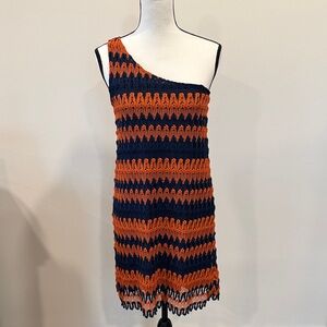 Judith March One-Shoulder Crochet Dress in Orange and Navy Size Medium